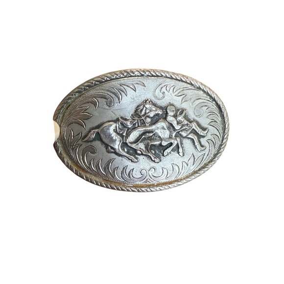 Western Rodeo Cowboy Belt Buckle‎ Horse Riding Silver Tone Oval - Picture 1 of 6